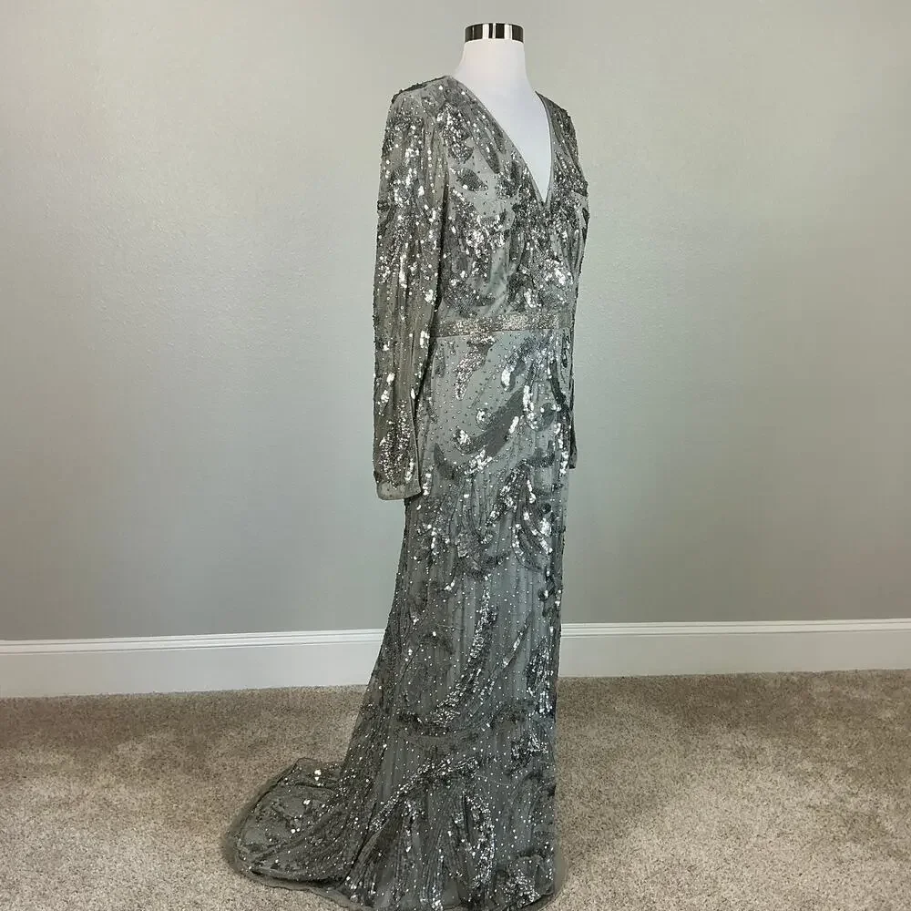 Mac Duggal 5222 Silver Evening Gown Sequined Long Sleeve A-Line Dress Size 12 - Picture 3 of 12